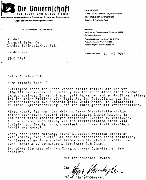 Brief von Thies Christophersen an den Innenminister des Landes Schleswig-Holstein