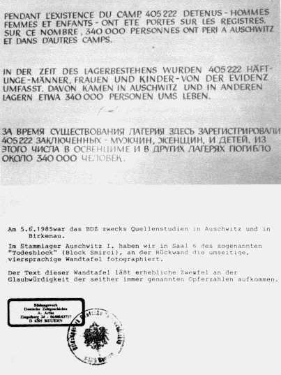 Inschrift im Auschwitz-Stammlager