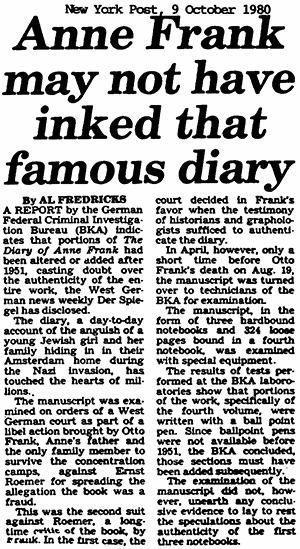 New York Post, 9 October 1980 on the Anne Frank diary